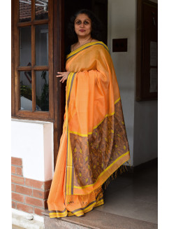 Orangish Yellow, Handwoven Organic Cotton, Textured Weave , Jacquard, Work Wear Saree